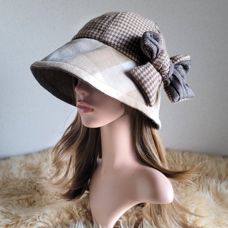 フィット hat★リボン★サイズ調節付き★やわらか千鳥格子柄