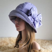 やわらかパープル★チェック柄★約59.5㎝★フィット hat×リボン
