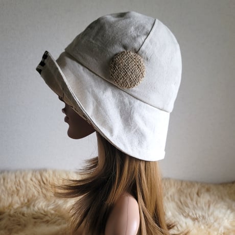 ビッグくるみボタン★フィット hat★約60㎝★ナチュラルベージュ★cottonリネン×コーヒー