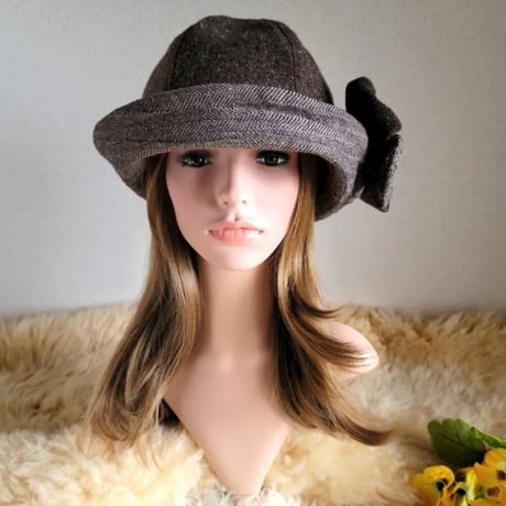 ★最終★フィット hat★ツイード茶系×リボン