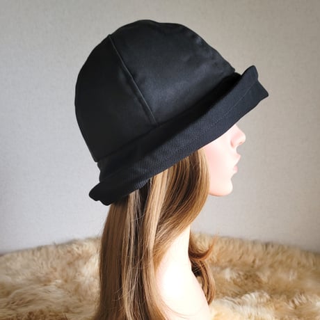 フィット hat×リボン★約59.5㎝★ブラックcotton×シルバーラメリボン