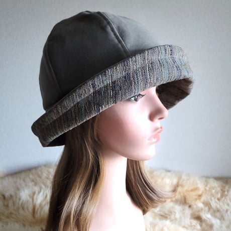 フィット hat★リボン  グレー系しっかりcotton×着物生地