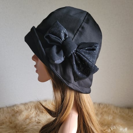 フィット hat×リボン★約59.5㎝★ブラックcotton×シルバーラメリボン
