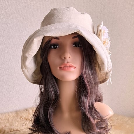 ナチュラルcottonリネン★約62㎝★日差しに負けない★ギャザーフリル 帽子