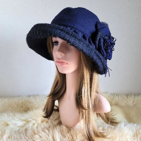 薄手woolネイビー×足毛ラメ★日差しに負けない★ギャザーフリル 帽子