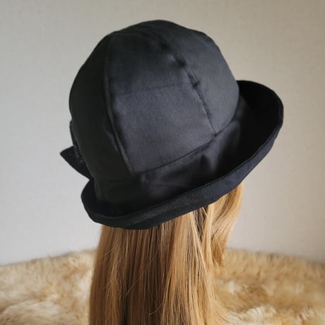 フィット hat×リボン★約59.5㎝★ブラックcotton×シルバーラメリボン