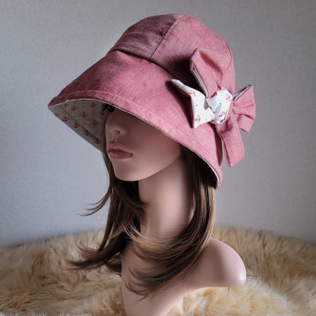 フィット hat×リボン★優しいレッドダンガリー×イカリ柄