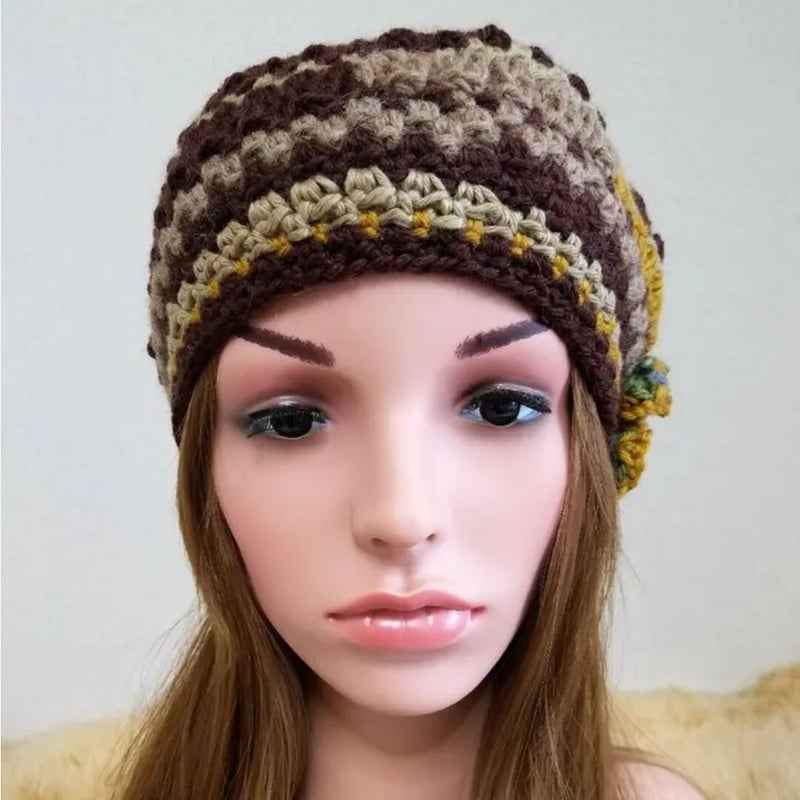 031* お花付きニット帽子＊茶系ミックス | 帽子shop three*