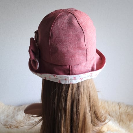 フィット hat×リボン★優しいレッドダンガリー×イカリ柄
