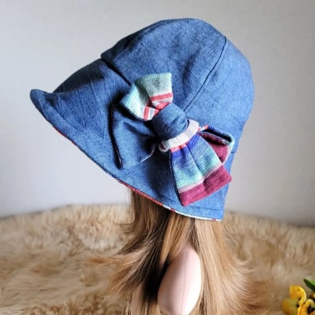 フィット hat×リボン　デニム×ボーダーニット地