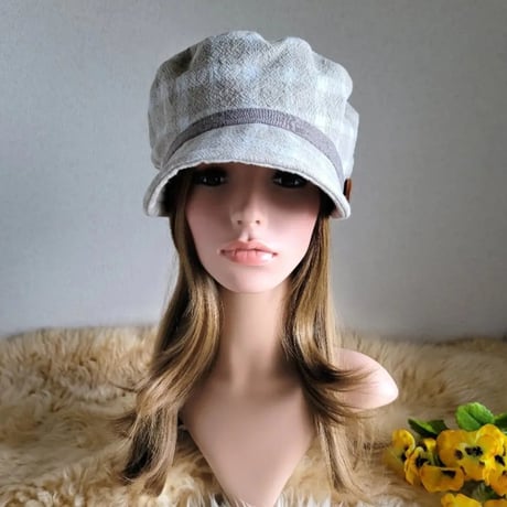 しっかりcotton★マリン ＊ キャスケット★ベージュ系　ブロックチェック