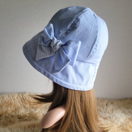 爽やか水色系★ストライプミックス★約59.5㎝★フィット hat×リボン