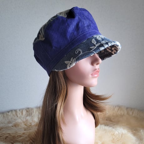 鮮やか紫デニム×ダンガリー刺繍★約59.5㎝★バタフライマリンキャスケット