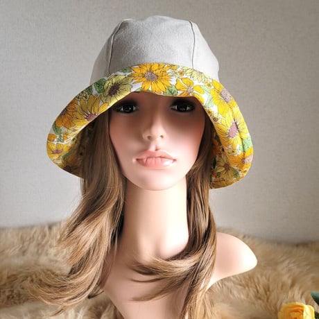 フィット hat★約60㎝★ナチュラルベージュ★cottonリネン×イエローFlower