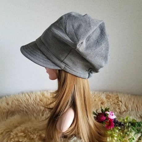 細かな千鳥格子★渦巻くback スタイル ★ゆったり大きめサイズ★ツイスト キャスケット★woolコットン千鳥格子
