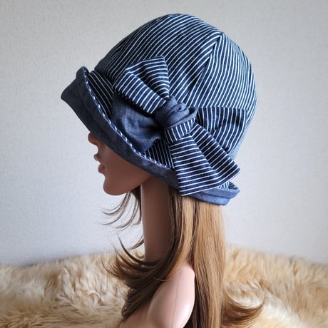 フィット hat×リボン★ヒッコリーデニム