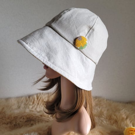 フィット hat★約60㎝★ナチュラルベージュ★cottonリネン×イエローFlower
