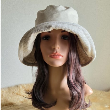ナチュラルcottonリネン★約62㎝★日差しに負けない★ギャザーフリル 帽子