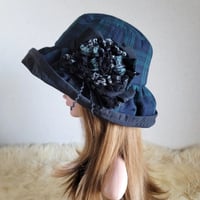 ★グリーンチェック×black★62.5㎝★日差しに負けない★ギャザーフリル 帽子