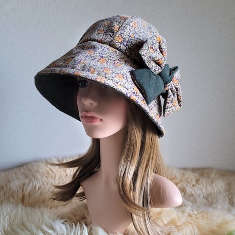 フィット hat★リボン  コーディロイFlower×グリーン