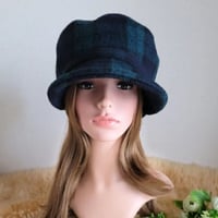 もっと　大きいサイズ　約62cm　しっかり厚地wool　マリン ＊ キャスケット ＊ グリーンチェック