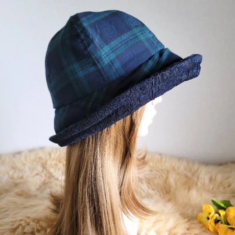 フィット hat×リボン★グリーン&ネイビーチェック