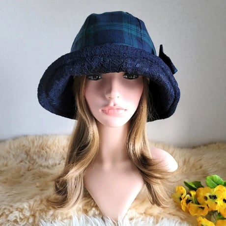 フィット hat×リボン★グリーン&ネイビーチェック