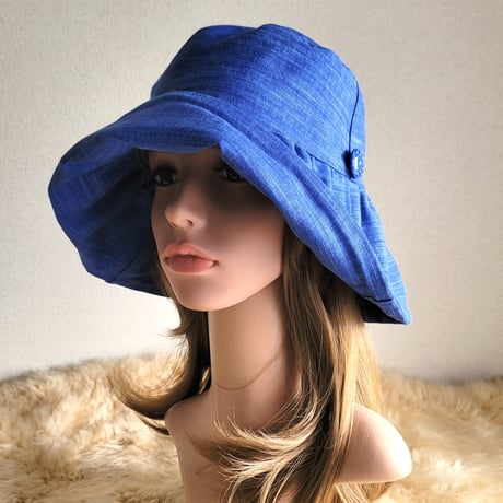 ★しっかりcottonブルー★日差しに負けない★約62㎝★ギャザーフリル 帽子