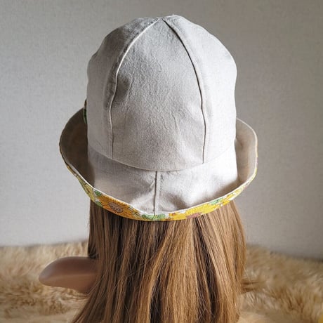 フィット hat★約60㎝★ナチュラルベージュ★cottonリネン×イエローFlower
