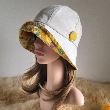 フィット hat★約60㎝★ナチュラルベージュ★cottonリネン×イエローFlower