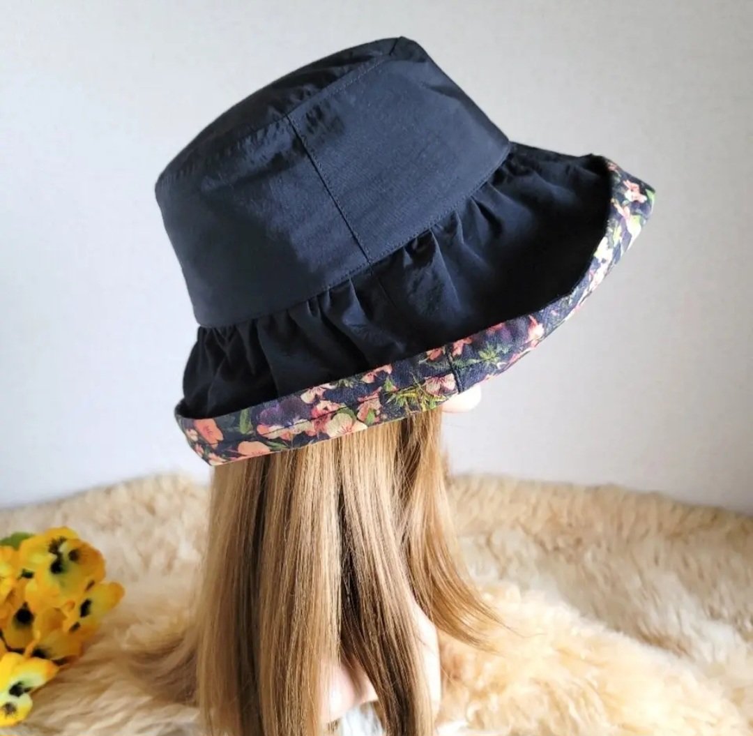 メタモルフォーゼ　別珍薔薇コサージュ付き帽子　ブラック ☆ビオラFlower×black☆日差しに負けない☆ギャザーフリル 帽子