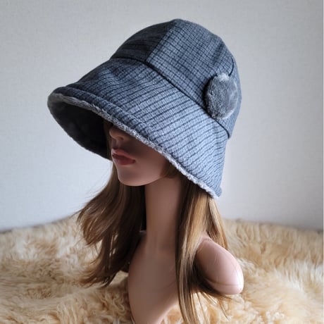 ふわモコ★フィットhat★グレー系ブロックチェック★約59.5㎝
