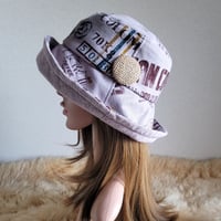 ★ビッグくるみボタン★ひとつ持っていると便利なプレーン帽子★62㎝ ★コーヒー柄×麻素材ボタン