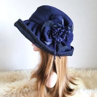 薄手woolネイビー×足毛ラメ★日差しに負けない★ギャザーフリル 帽子