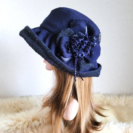 薄手woolネイビー×足毛ラメ★日差しに負けない★ギャザーフリル 帽子