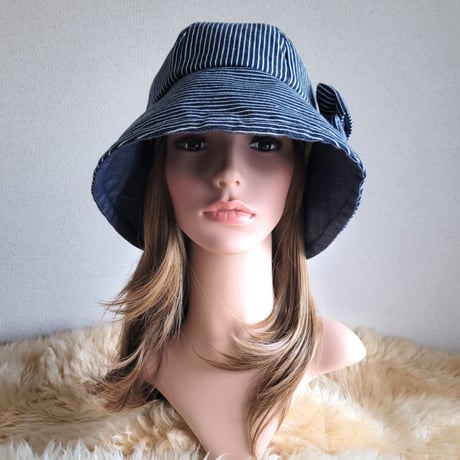 フィット hat×リボン★ヒッコリーデニム