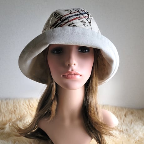 ビッグくるみボタン★フィット hat★約60㎝★ナチュラルベージュ★cottonリネン×コーヒー