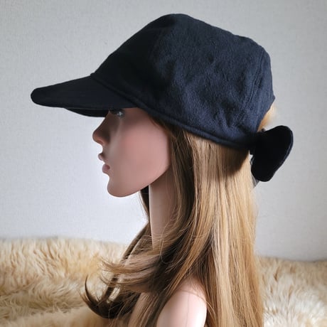 定番ブラックcotton★メンズ感を出さない★大人の女子 リボン キャップ★ゆったり リボン調節