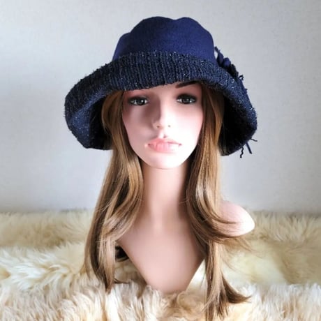 薄手woolネイビー×足毛ラメ★日差しに負けない★ギャザーフリル 帽子