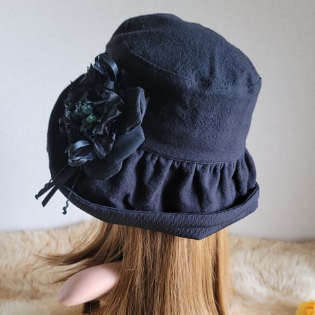 定番ブラックカラーcottonリネン★約62.5㎝★日差しに負けない★ギャザーフリル