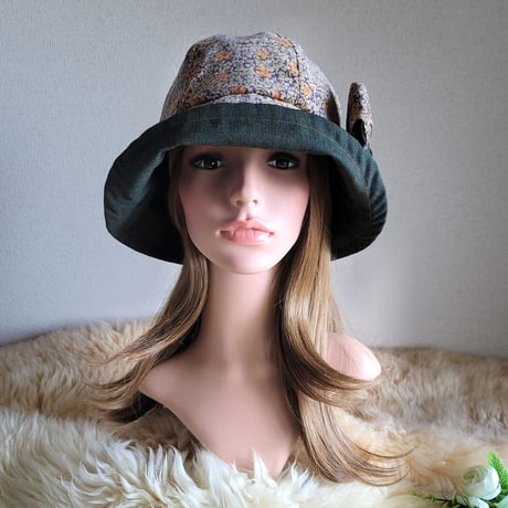 フィット hat★リボン  コーディロイFlower×グリーン