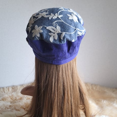 鮮やか紫デニム×ダンガリー刺繍★約59.5㎝★バタフライマリンキャスケット