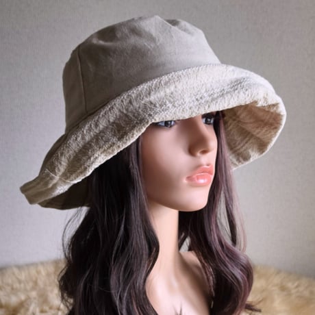ナチュラルcottonリネン★約62㎝★日差しに負けない★ギャザーフリル 帽子