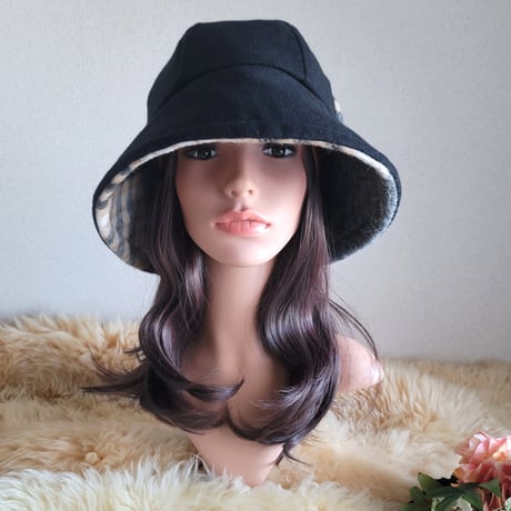 フィットhat★62㎝★サイズベルト付き★薄手BLACKウール×プレミアムチェック柄