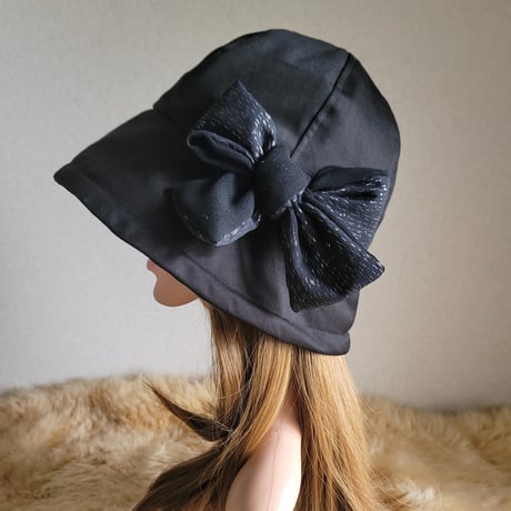 フィット hat×リボン★約59.5㎝★ブラックcotton×シルバーラメリボン