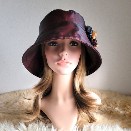 オーガンジー×cotton★ダークレッド　ひとつ持っていると便利なプレーン帽子