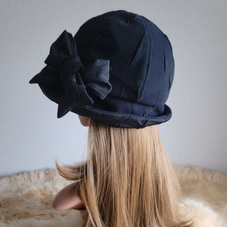 フィット hat×リボン★約59.5㎝★ブラックニット地リボン