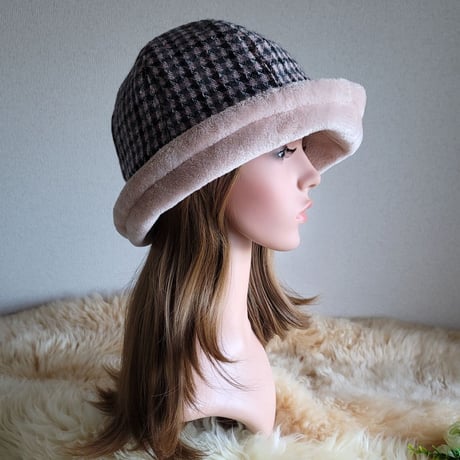 ふわモコ★フィットhat★優しいピンク系カラー★細かいチェック柄