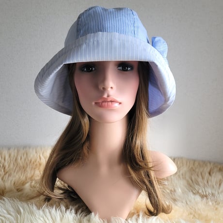 爽やか水色系★ストライプミックス★約59.5㎝★フィット hat×リボン