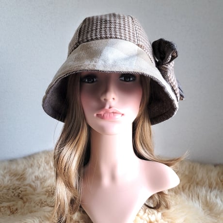 フィット hat★リボン★サイズ調節付き★やわらか千鳥格子柄